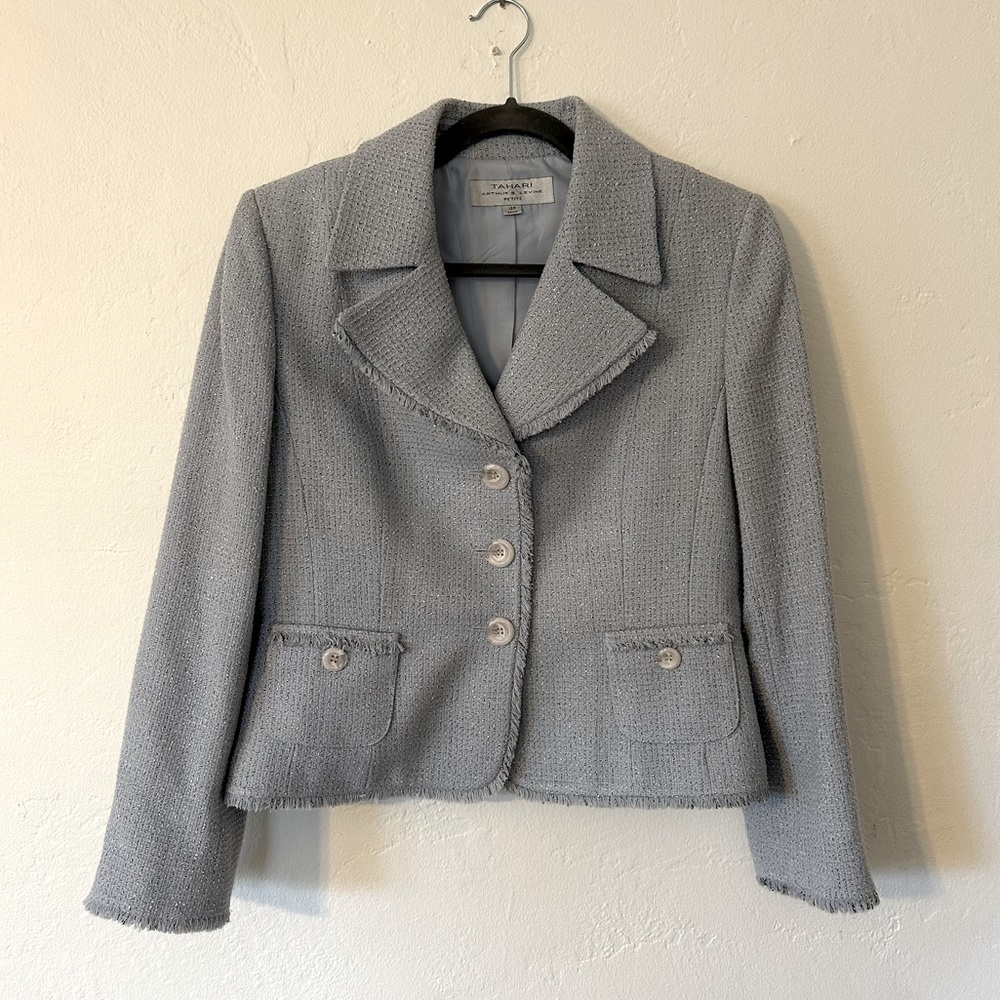 Tahari Arthur S Levine 2pc Blazer Jacket Skirt Tweed Fringe Womens Baby Blue 12P
